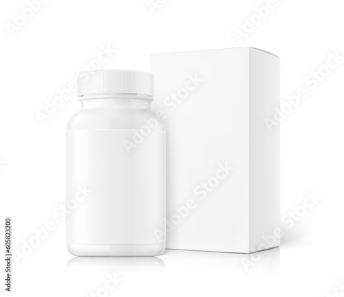 Realistic white bottle with box mockup set. Vector illustration isolated on white background. Can be used for medical, cosmetic, pharmacy, medicine, sport, food. EPS10.	