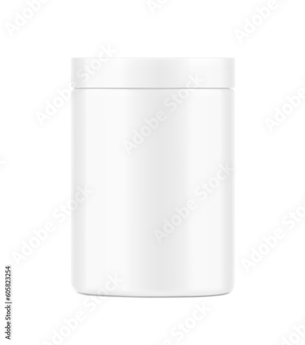 Round package container mockup. Vector illustration isolated on white background. Can be use for your design, advertising, promo and etc. Front view. EPS10.