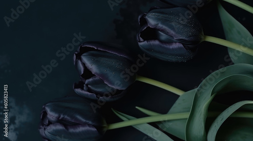 Bouquet of tulips on dark black background with copy space for text. Top view, mockup, flat lay composition, blog, website, social, Generative AI