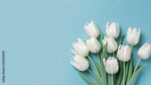 Bouquet of tulips on blue background with copy space for text. Top view, mockup, flat lay composition, blog, website, social, Generative AI
