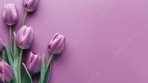 Bouquet of tulips on purple violet background with copy space for text. Top view, mockup, flat lay composition, blog, website, social, Generative AI