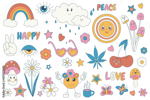 Groovy hippie 70s mega set graphic elements in flat design. Bundle of peace, love, happy, rainbow, psychedelic mushrooms, flowers, leaves, butterflies and other. Vector illustration isolated objects