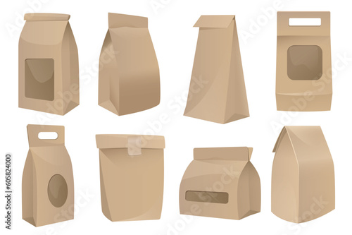 Realistic packages mega set graphic elements in flat design. Bundle of closed paper bag mockups in different view for packaging coffee, tea and takeaway food. Vector illustration isolated objects