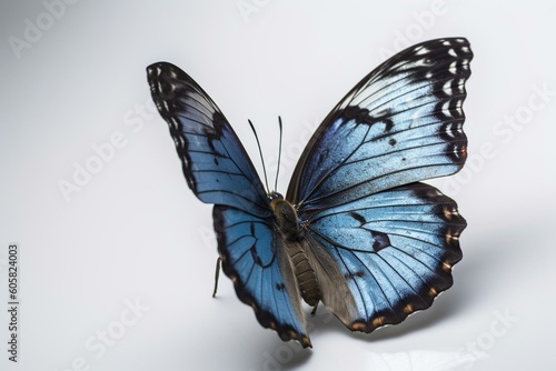 A solitary blue butterfly in flight against a white background. Generative AI