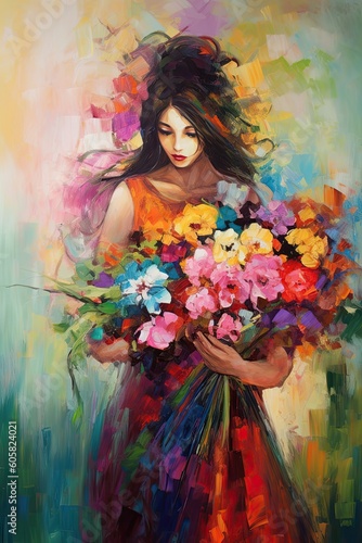 abstract oil painting of a young woman holding a large bouquet of summer flowers, generative AI