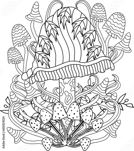 Collection of beautiful mushrooms with leaves doodle anti stress coloring book for adults and children.