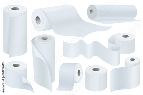 Toilet paper mega set graphic elements in flat design. Bundle of white paper rolls mockups with wave tape of hygienic wipes, kitchen towels or washroom accessory. Vector illustration isolated objects