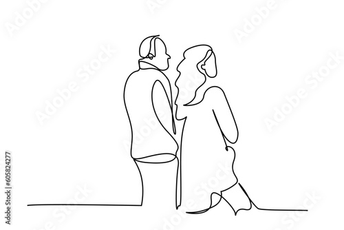middle aged married couple in love standing together outside line art