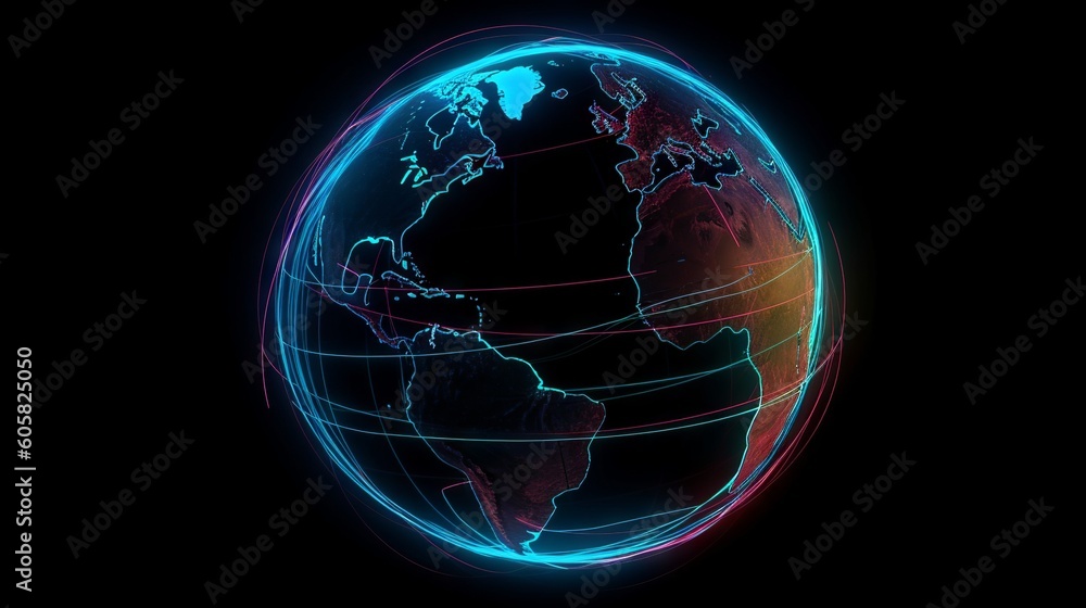Earth globe is made of bright glowing neon lines, Generative AI Earth globe is made of bright glowing neon lines, Generative AI