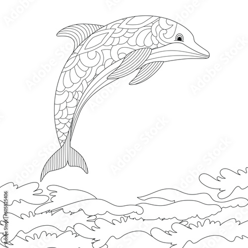 Jumping baby dolphin geometric sea wave ornaments coloring book for adults