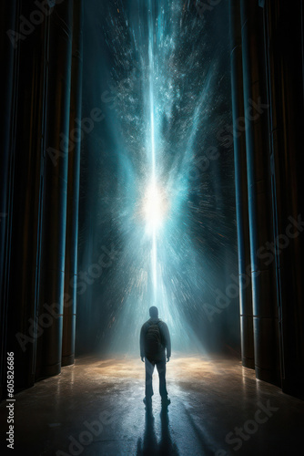 image of a silhouette of a person standing in front of a column of bright light  the concept of transformation  mysticism and travel between worlds. Generative AI