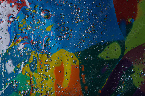 Abstract photography. Color spots are red, blue, yellow, green, black, white, silvery. Drops, objects on the surface. Photos for the background, for design, for interior design.