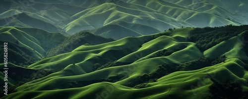 Abstract organic green mountain range with wavy lines and fields as wallpaper background illustration