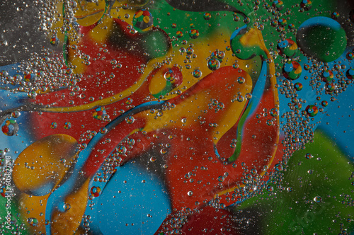 Abstract photography. Color spots are red, blue, yellow, green, black, white, silvery. Drops, objects on the surface. Photos for the background, for design, for interior design.