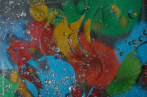 Abstract photography. Color spots are red, blue, yellow, green, black, white, silvery. Drops, objects on the surface. Photos for the background, for design, for interior design.