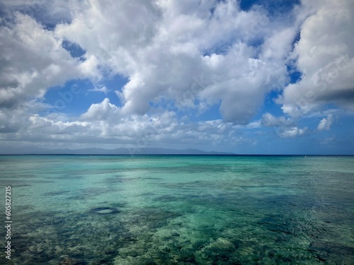 vue sur la mer des Caraïbes avec une couleur turquoise et un ciel nuageux 