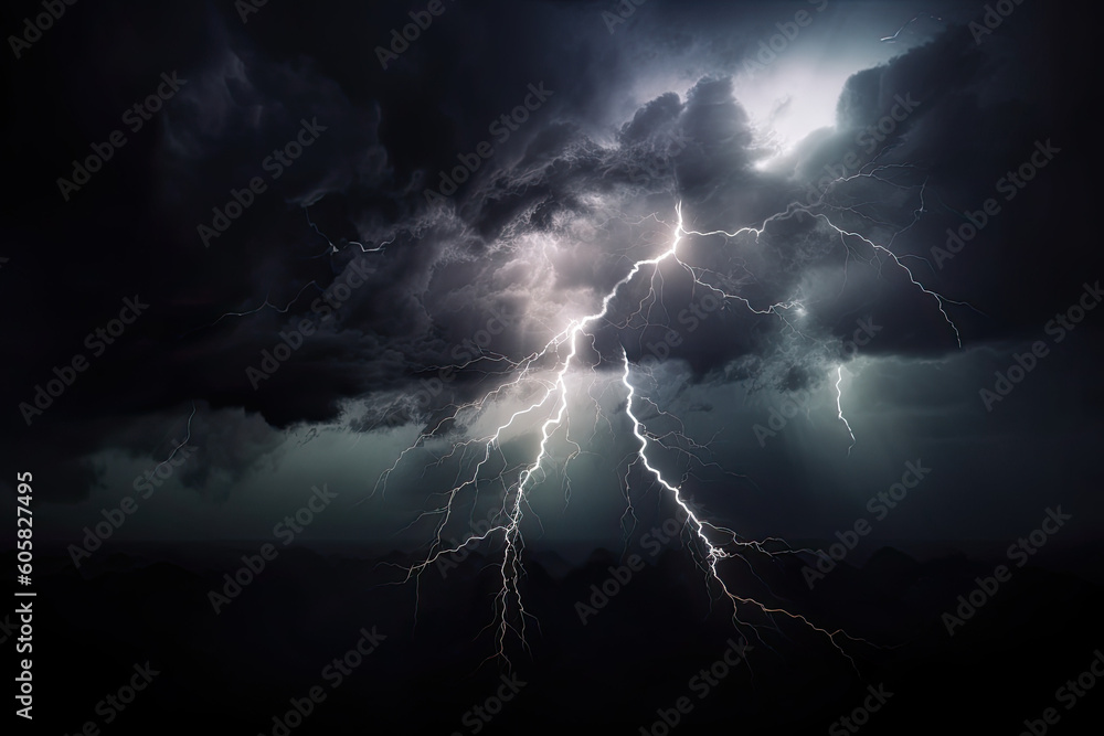 Power and energy of a thunderstorm with dramatic lightning, electrifying bolts of lightning amidst dark clouds, dynamic background, wallpaper, design