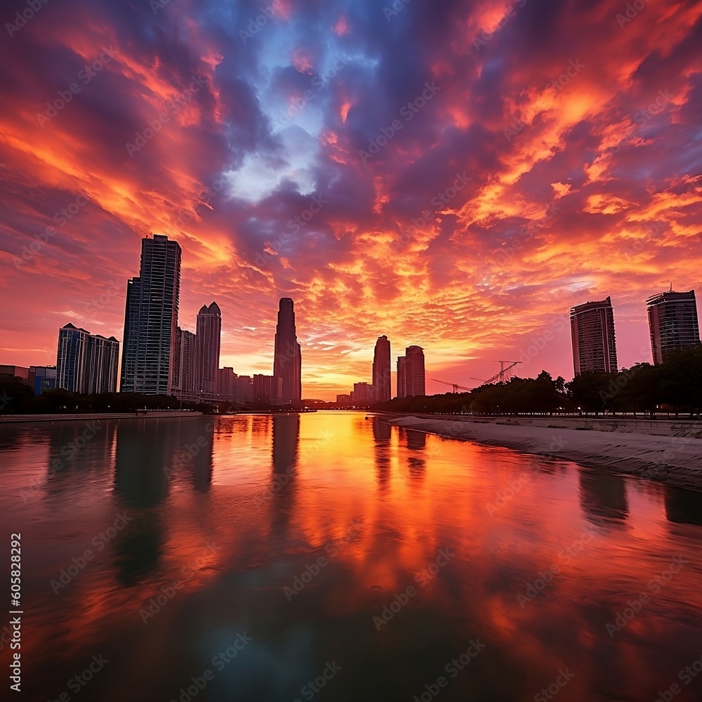 Fototapeta premium Breathtaking Sunset over the American City Skyline