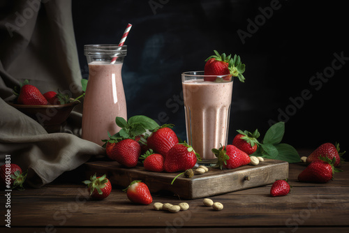 Delicious vintage milkshake with ripe strawberries in a glass jar with a tube. Berry pink milkshake on a wooden table with berries. Generative AI professional photo imitation.