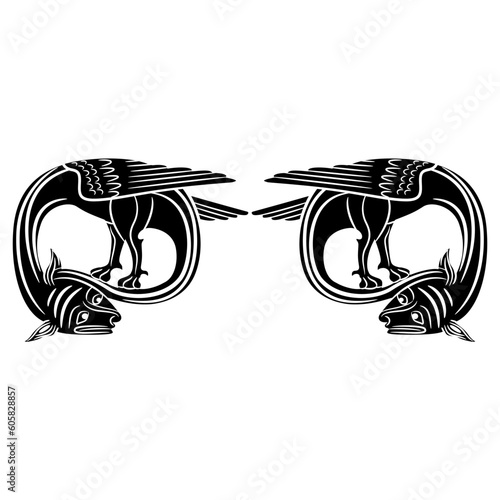 Symmetrical animal design or frame with two medieval dragons. Illuminated manuscript motif. Black and white silhouette.