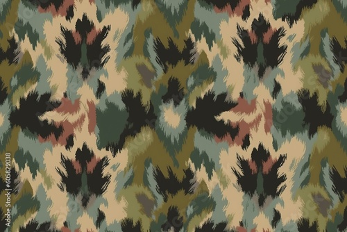 background seamless ethnic ikat military or hunting camouflage pattern in army green forest brown sage and khaki a tileable abstract contemporary camo fashion design texture high reso generative ai photo