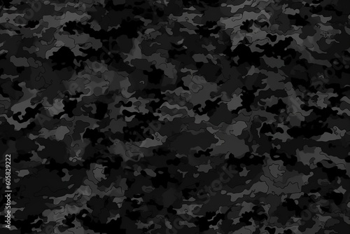background seamless rough textured military hunting or paintball camouflage pattern in a dark black and grey night palette tileable abstract contemporary classic camo fashion textile  generative ai