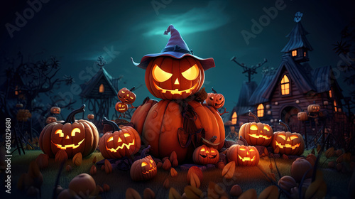 Happy halloween greeting with pumpkins at the night