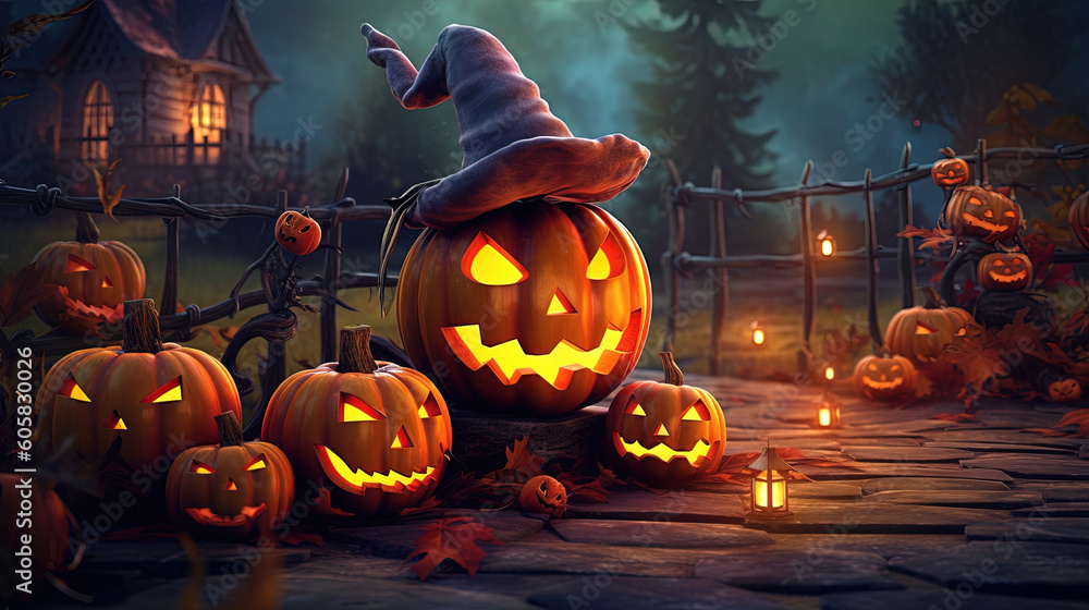 Happy halloween greeting with pumpkins at the night Happy halloween greeting with pumpkins at the night