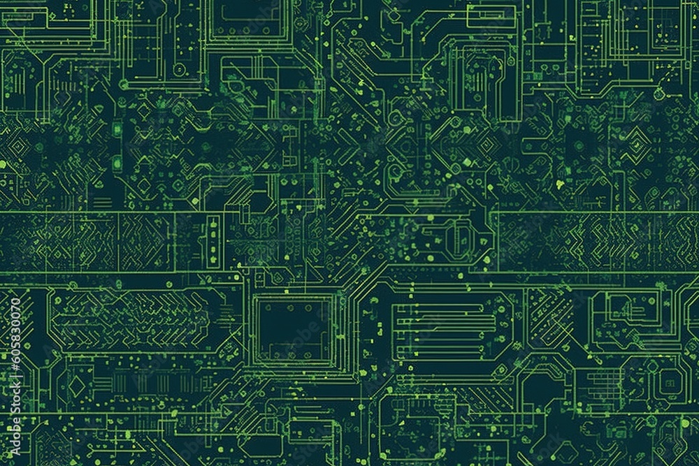 wallpaper for seamless electronics circuit board background texture high  tech motherboard pattern in neon lime green and dark turquoise verdigris a  fun geeky engineering or computer scie generative ai Stock Illustration