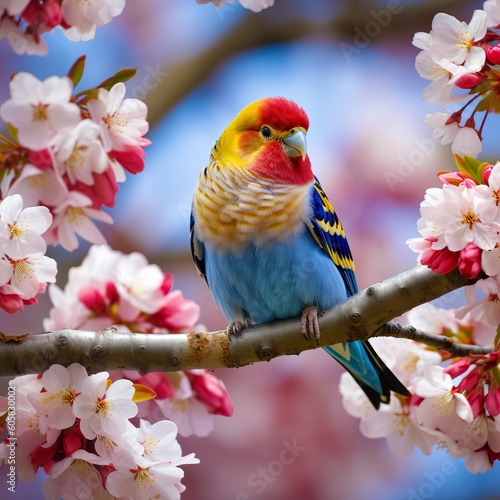 Colorful Eastern Rosella Perched on Blossoming Cherry Tree photo