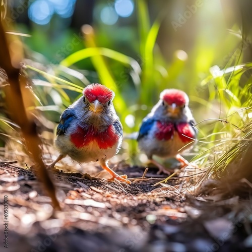 Playful Crimson Rosella Chicks Exploring a Forest Path © Emojibb.Family