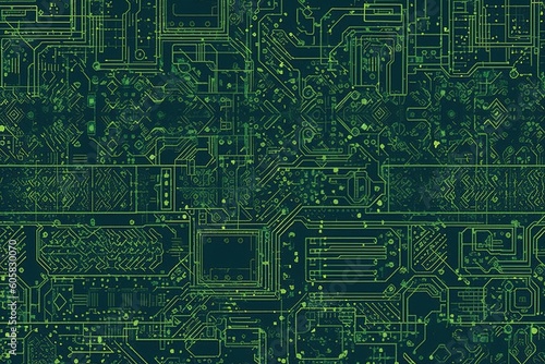 wallpaper for seamless electronics circuit board background texture high tech motherboard pattern in neon lime green and dark turquoise verdigris a fun geeky engineering or computer scie generative ai photo