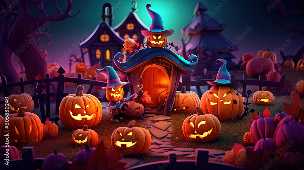Happy halloween greeting with pumpkins at the night Happy halloween greeting with pumpkins at the night