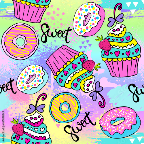 Fashion colorful wallpapers. Seamless pattern with cupcakes on  bright background
