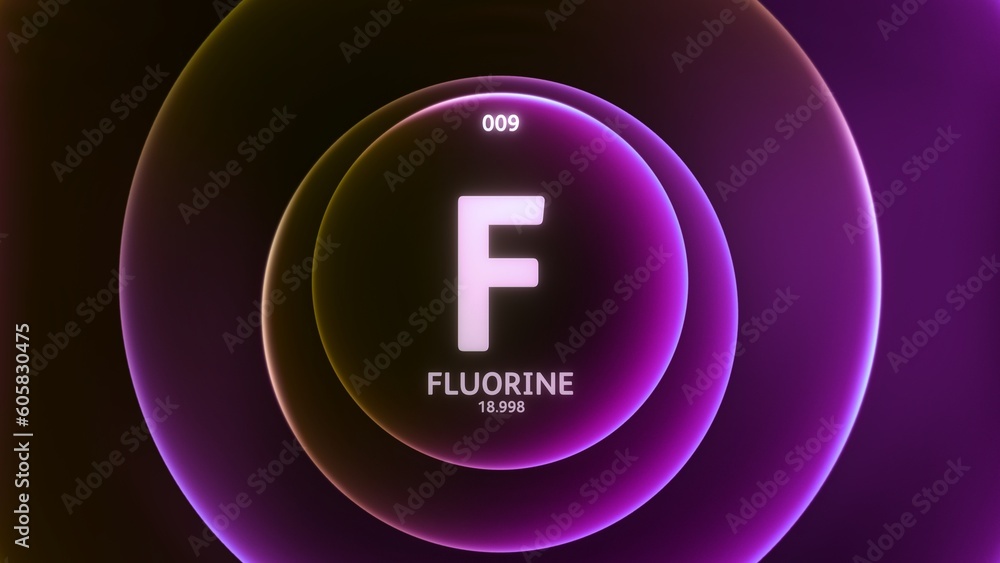 Fluorine as Element 9 of the Periodic Table. Concept illustration on abstract purple orange gradient rings seamless loop background. Title design for science content and infographic showcase display. Fluorine as Element 9 of the Periodic Table. Concept illustration on abstract purple orange gradient rings seamless loop background. Title design for science content and infographic showcase display.