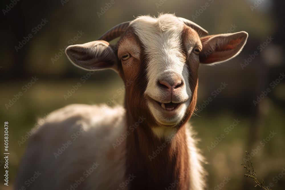 A young brown white goat with small horns smiles as he looks at the camera. A sunny day, amazing funny animals, farming and animal husbandry. Generative AI professional photo imitation. A young brown white goat with small horns smiles as he looks at the camera. A sunny day, amazing funny animals, farming and animal husbandry. Generative AI professional photo imitation.