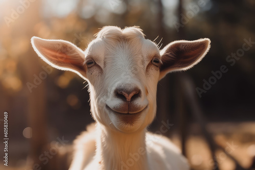 A pretty young white goat with small horns smiles as he looks at the camera. A sunny day, amazing funny animals, farming and animal husbandry. Generative AI professional photo imitation.