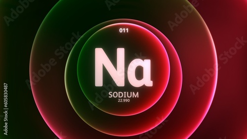 Sodium as Element 11 of the Periodic Table. Concept illustration on abstract green red gradient rings seamless loop background. Title design for science content and infographic showcase display.