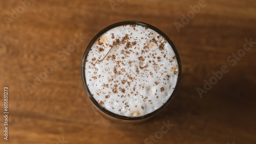 Colorful milk drink. healthy chocolate milkshake isolated on coffee shop background. from top view with clipping path.