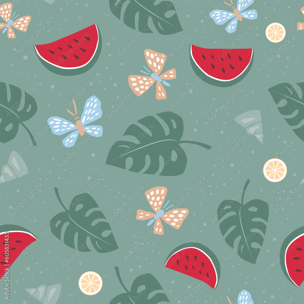Summer seamless pattern with monstera leaves, watermelons, lemons, butterflies, and seashells. For fabrics, wrapping paper, and wallpapers. Cute vector illustration. Summer seamless pattern with monstera leaves, watermelons, lemons, butterflies, and seashells. For fabrics, wrapping paper, and wallpapers. Cute vector illustration.