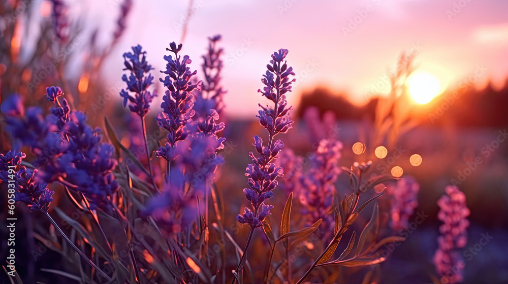 Purple lavender flowers with sunset illustration Purple lavender flowers with sunset illustration
