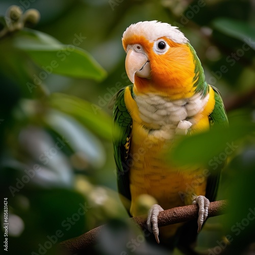 Curious White-bellied Caique Exploring a Tropical Canopy photo