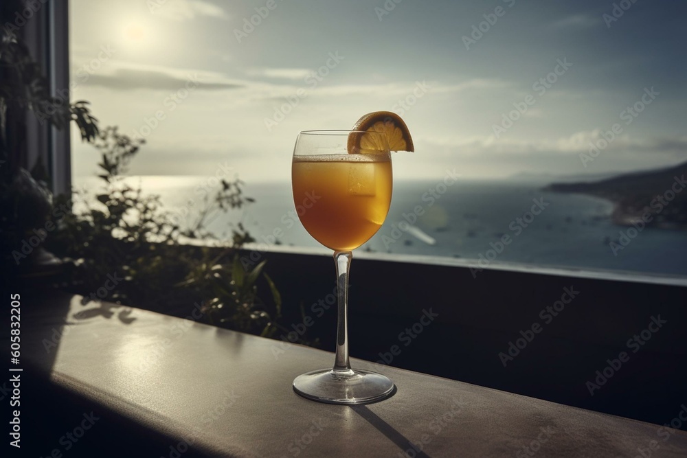 Pure holiday mood: a cold cocktail with a sea view. Generative AI