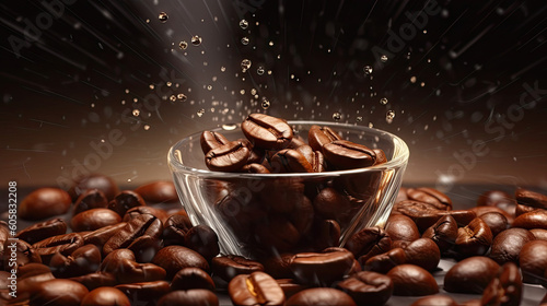 Coffee beans in a mug and in the background. Close-up of brown coffee beans banner. Background of coffee beans close-up, splashes of coffee