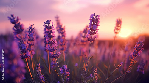 Purple lavender flowers with sunset illustration