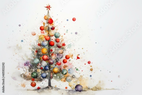 Festive watercolor Christmas tree with ornaments  gifts  and confetti on white background. Perfect for greeting cards and symbolizing the holiday season. Generative AI