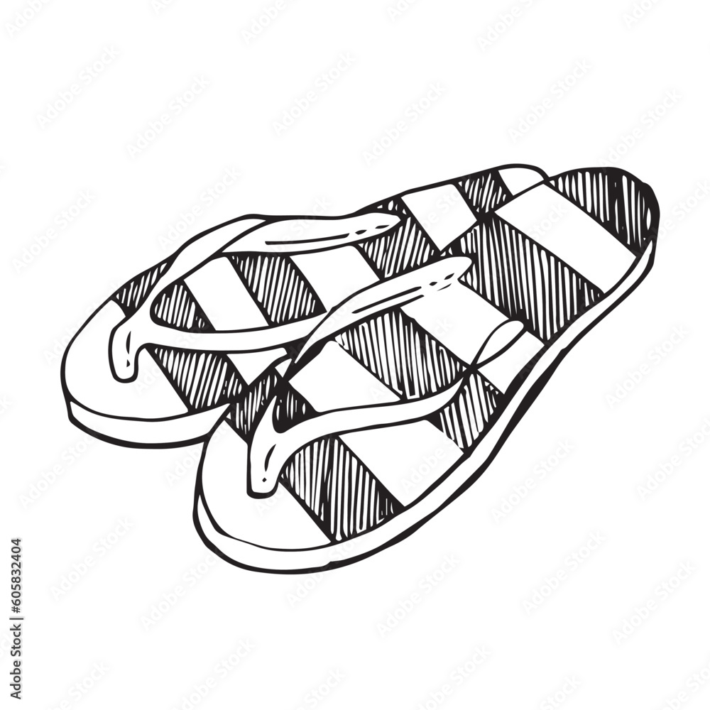 Set of summer footwear. doodle cartoon flip flops isolated on white. Sketch of beach slippers Set of summer footwear. doodle cartoon flip flops isolated on white. Sketch of beach slippers