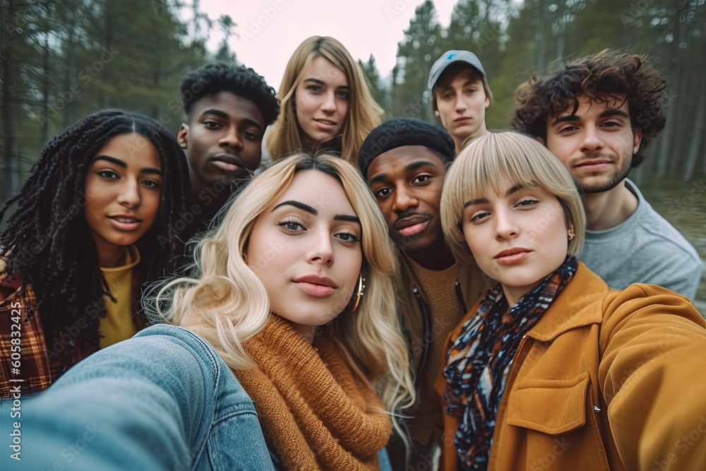 Smiling and stylish multiracial friends striking a pose for a selfie in an urban outdoor location Smiling and stylish multiracial friends striking a pose for a selfie in an urban outdoor location