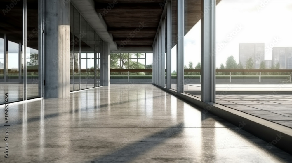Closeup and perspective view of empty cement floor with modern steel and glass building exterior Generative AI