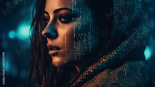 A woman in a scarf with a digital pattern on her face Generative Ai